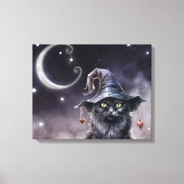 Zwarte Halloween kat met een heks Pet Canvas Afdruk