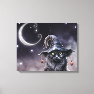 Zwarte Halloween kat met een heks Pet Canvas Afdruk