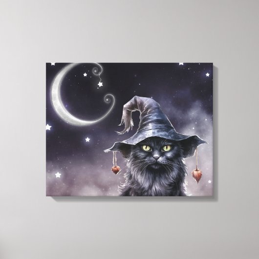 Zwarte Halloween kat met een heks Pet Canvas Afdruk (Voorkant)
