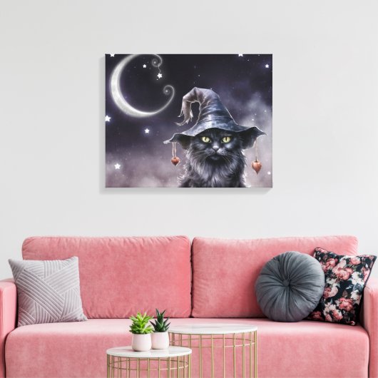 Zwarte Halloween kat met een heks Pet Canvas Afdruk (Insitu (Woonkamer))