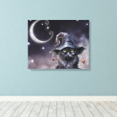 Zwarte Halloween kat met een heks Pet Canvas Afdruk (Insitu (Houten vloer))