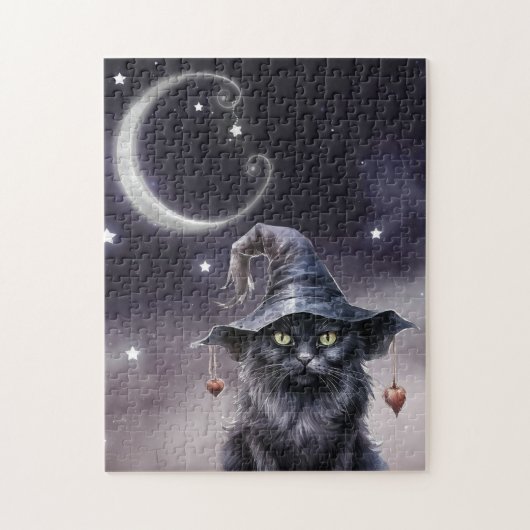 Zwarte Halloween kat met een heks Pet Legpuzzel (Verticaal)
