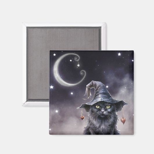 Zwarte Halloween kat met een heks Pet Magneet (Voorkant / Achterkant)