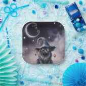 Zwarte Halloween kat met een heks Pet Papieren Bordje (Feest)