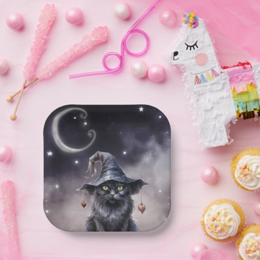 Zwarte Halloween kat met een heks Pet Papieren Bordje (Feest)