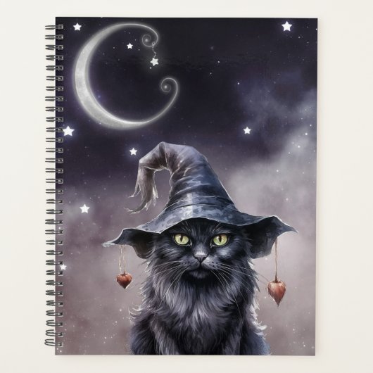 Zwarte Halloween kat met een heks Pet Planner (Voorkant)
