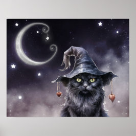 Zwarte Halloween kat met een heks Pet Poster