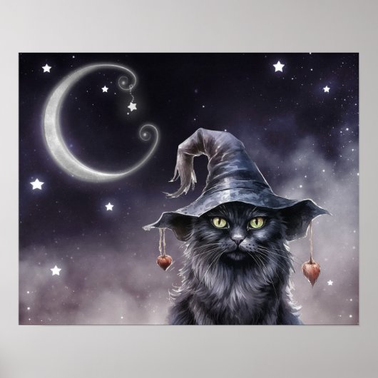 Zwarte Halloween kat met een heks Pet Poster (Voorkant)