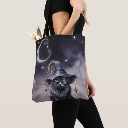Zwarte Halloween kat met een heks Pet Tote Bag (Dichtbij)