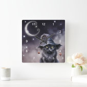 Zwarte Halloween kat met een heks Pet Vierkante Klok (Huis)