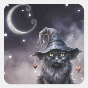 Zwarte Halloween kat met een heks Pet Vierkante Sticker