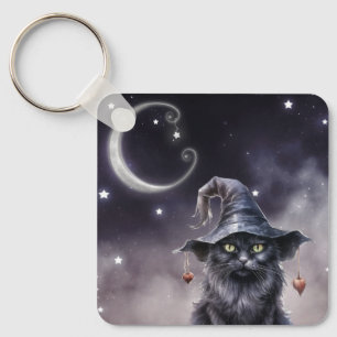 Zwarte Halloween kat met een heks Petten Sleutelha Sleutelhanger