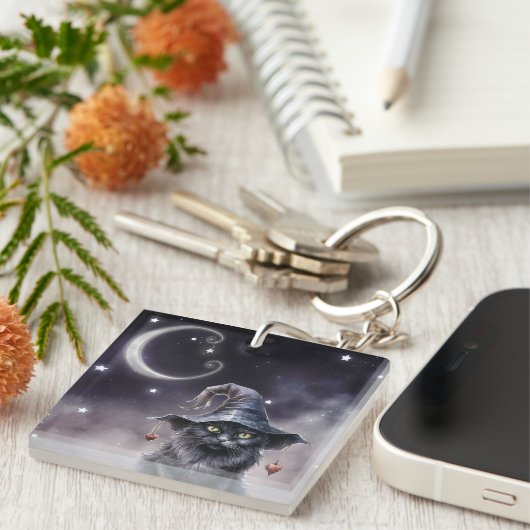 Zwarte Halloween kat met een heks Petten Sleutelha Sleutelhanger (Voorkant Rechts)