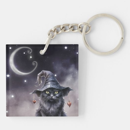 Zwarte Halloween kat met een heks Petten Sleutelha Sleutelhanger (Achterkant)