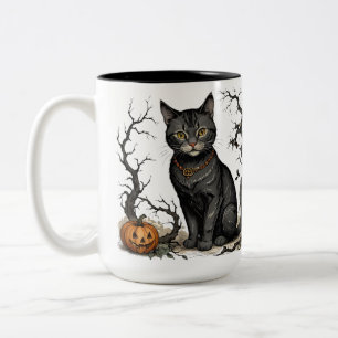 Zwarte Halloween kat met Jack-O-Lantern, Tweekleurige Koffiemok
