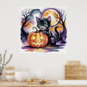 Zwarte Halloween kat met Jack-O-Lantern, zwarte ka Poster (Keuken)