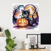 Zwarte Halloween kat met Jack-O-Lantern, zwarte ka Poster (Thuiskantoor)