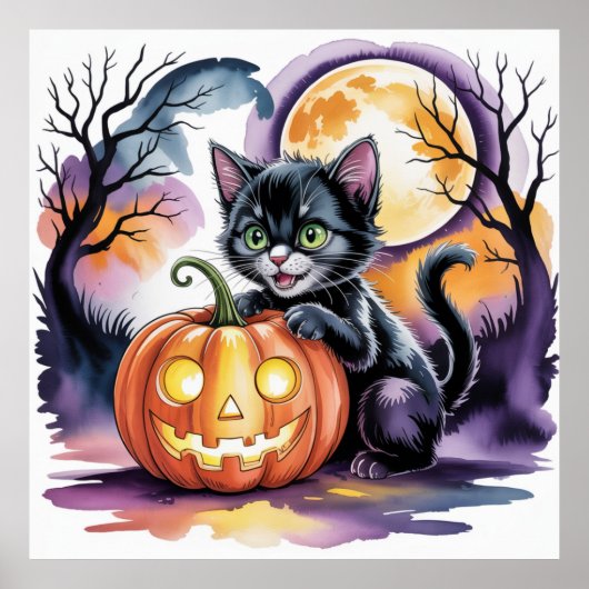 Zwarte Halloween kat met Jack-O-Lantern, zwarte ka Poster (Voorkant)