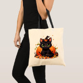 Zwarte Halloween kat met pompoen en snoep maïs Tote Bag (Voorkant (product))