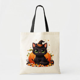 Zwarte Halloween kat met pompoen en snoep maïs Tote Bag