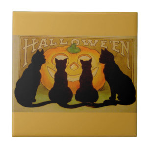 Zwarte Halloween-katten en pompoen Tegeltje