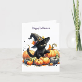 Zwarte Halloween kitten met pompoenen en heksenhoe Feestdagen Kaart