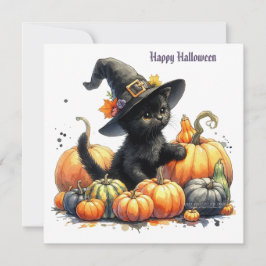 Zwarte Halloween kitten met pompoenen en heksenhoe Feestdagenkaart
