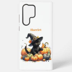 Zwarte Halloween kitten met pompoenen en heksenhut Samsung Galaxy Hoesje