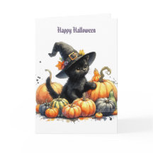 Zwarte Halloween Kitten Met Pompoenen & Heks Hoed