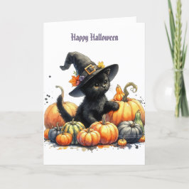 Zwarte Halloween Kitten Met Pompoenen & Heks Hoed Feestdagen Kaart