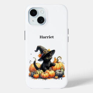 Zwarte Halloween Kitten Met Pompoenen & Heks Pet iPhone 15 Case
