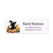 Zwarte Halloween Kitten Met Pompoenen & Heks Pet Etiket (Voorkant)
