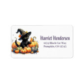 Zwarte Halloween Kitten Met Pompoenen & Heks Pet Etiket (Voorkant)