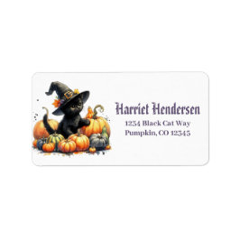 Zwarte Halloween Kitten Met Pompoenen & Heks Pet Etiket
