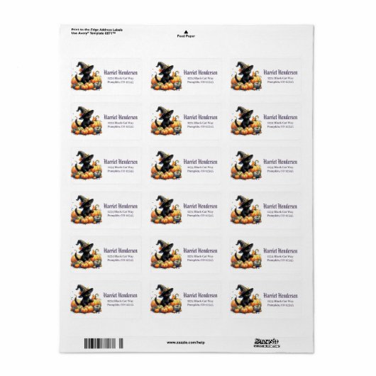 Zwarte Halloween Kitten Met Pompoenen & Heks Pet Etiket (Full Sheet)