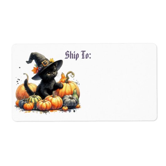 Zwarte Halloween Kitten Met Pompoenen & Heks Pet Etiket (Voorkant)