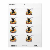 Zwarte Halloween Kitten Met Pompoenen & Heks Pet Etiket (Full Sheet)