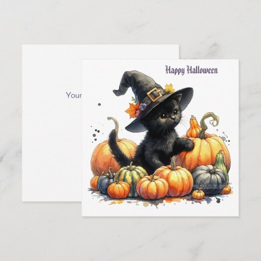 Zwarte Halloween Kitten Met Pompoenen & Heks Pet Feestdagenkaart (Voorkant / Achterkant)