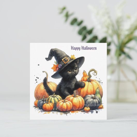 Zwarte Halloween Kitten Met Pompoenen & Heks Pet Feestdagenkaart (Staand voorkant)