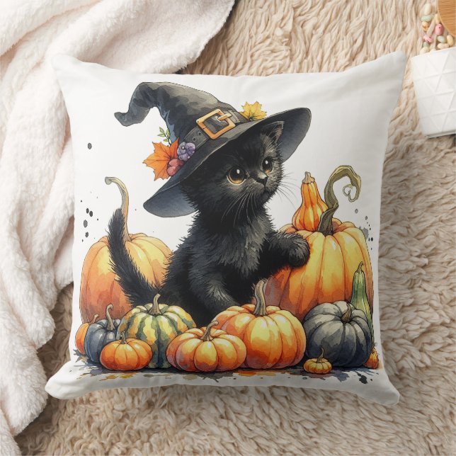 Zwarte Halloween Kitten Met Pompoenen & Heks Pet Kussen (Deken)