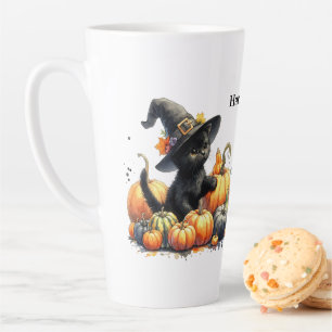 Zwarte Halloween Kitten Met Pompoenen & Heks Pet Latte Mok
