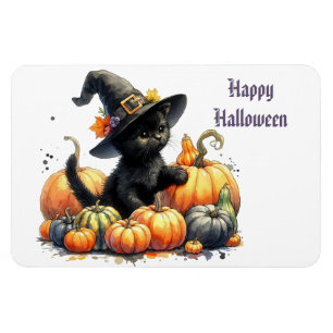 Zwarte Halloween Kitten Met Pompoenen & Heks Pet Magneet