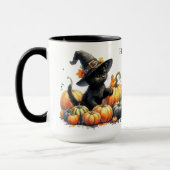 Zwarte Halloween Kitten Met Pompoenen & Heks Pet Mok (Links)