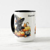 Zwarte Halloween Kitten Met Pompoenen & Heks Pet Mok (Voorkant links)