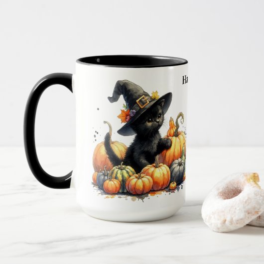 Zwarte Halloween Kitten Met Pompoenen & Heks Pet Mok (Met donut)