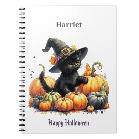 Zwarte Halloween Kitten Met Pompoenen & Heks Pet Notitieboek (Voorkant)