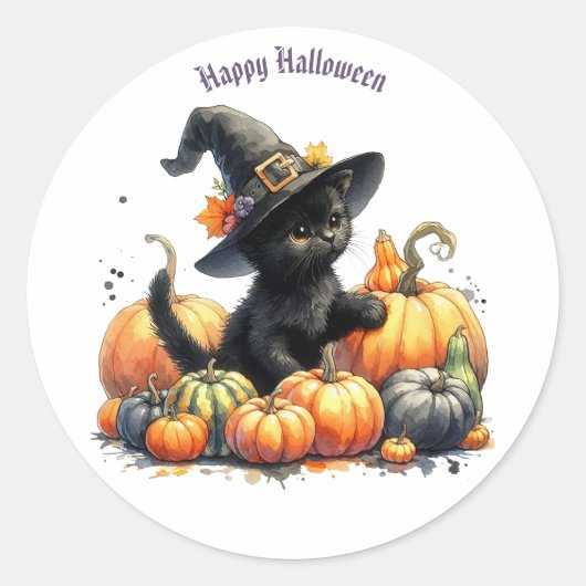 Zwarte Halloween Kitten Met Pompoenen & Heks Pet Ronde Sticker (Voorkant)