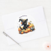 Zwarte Halloween Kitten Met Pompoenen & Heks Pet Ronde Sticker (Envelop)