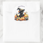 Zwarte Halloween Kitten Met Pompoenen & Heks Pet Ronde Sticker (Tas)