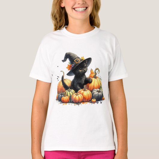 Zwarte Halloween Kitten Met Pompoenen & Heks Pet T-shirt (Voorkant)